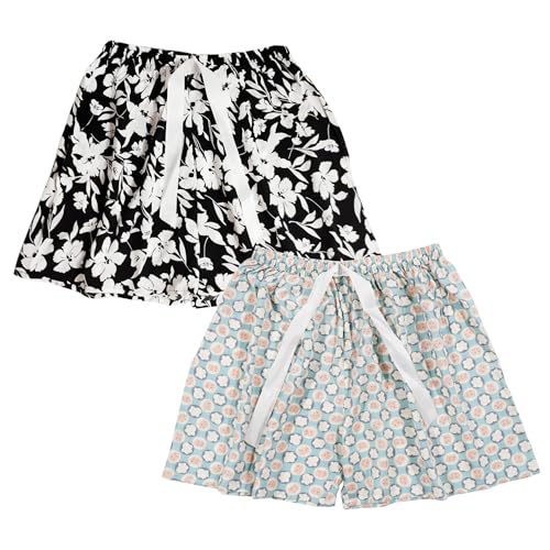 Weardear 2 Pack Damen Schlafshorts Kurz Schlafhose Sommer Print Pyjama Hose Nachtwäsche, Schwarz Blumen/Kätzchen von Weardear