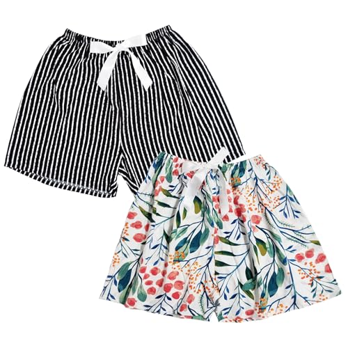 Weardear 2 Pack Damen Schlafshorts Kurz Schlafhose Sommer Print Pyjama Hose Nachtwäsche, Streifen/Rot Pflanze von Weardear