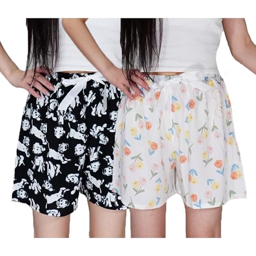 Weardear 2 Pack Damen Schlafshorts Kurz Schlafhose Sommer Print Pyjama Hose Nachtwäsche, Tulpen/Welpe von Weardear
