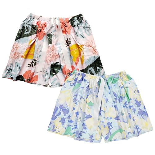 Weardear 2 Pack Damen Schlafshorts Kurz Schlafhose Sommer Print Pyjama Hose Nachtwäsche, Violett/Tropisch Blätter von Weardear