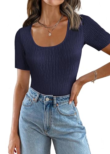 Weardear Bluse Damen Crop Top Slim Fit Wickel Kurz Shirt T-Shirt Feinstrick Bustier Oberteil Einfarbig Elegant Kurzarm Soft Casual Kurzarmshirt Tunika Shirt Frauen Dünne Kurze Ärmel Dunkelblau S von Weardear