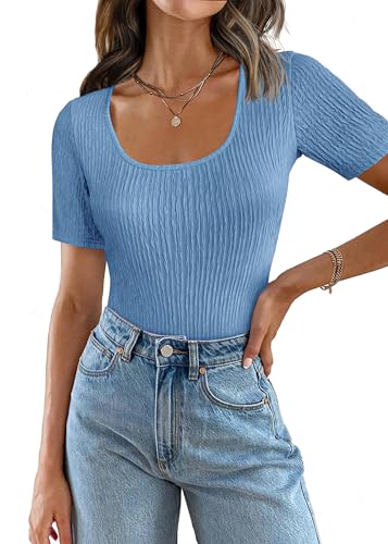 Weardear Bluse Damen Crop Top Slim Fit Wickel Kurz Shirt T-Shirt Feinstrick BustierOberteil Einfarbig Elegant Kurzarm Soft Casual Kurzarmshirt Tunika Shirt Frauen Dünne Kurze Ärmel Hellblau XL von Weardear