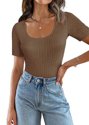 Weardear Bluse Damen Crop Top Slim Fit Wickel Kurz Shirt T-Shirt Feinstrick BustierOberteil Einfarbig Elegant Kurzarm Soft Casual Kurzarmshirt Tunika Shirt Frauen Dünne Kurze Ärmel Hellbraun XXL von Weardear