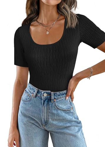 Weardear Bluse Damen Crop Top Slim Fit Wickel Kurz Shirt T-Shirt Feinstrick BustierOberteil Einfarbig Elegant Kurzarm Soft Casual Kurzarmshirt Tunika Shirt Frauen Dünne Kurze Ärmel Schwarz L von Weardear