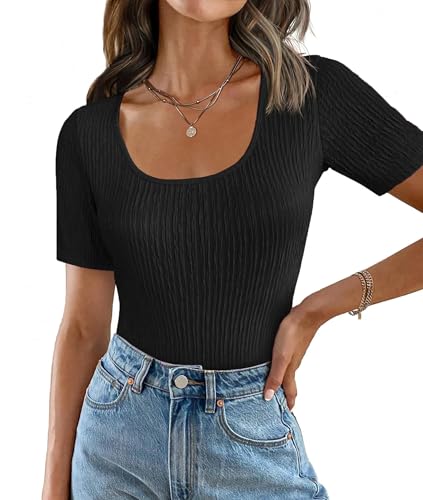 Weardear Bluse Damen Crop Top Slim Fit Wickel Kurz Shirt T-Shirt Feinstrick BustierOberteil Einfarbig Elegant Kurzarm Soft Casual Kurzarmshirt Tunika Shirt Frauen Dünne Kurze Ärmel Schwarz XL von Weardear