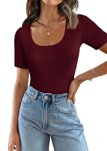 Weardear Bluse Damen Crop Top Slim Fit Wickel Kurz Shirt T-Shirt Feinstrick BustierOberteil Einfarbig Elegant Kurzarm Soft Casual Kurzarmshirt Tunika Shirt Frauen Dünne Kurze Ärmel Weinrot S von Weardear