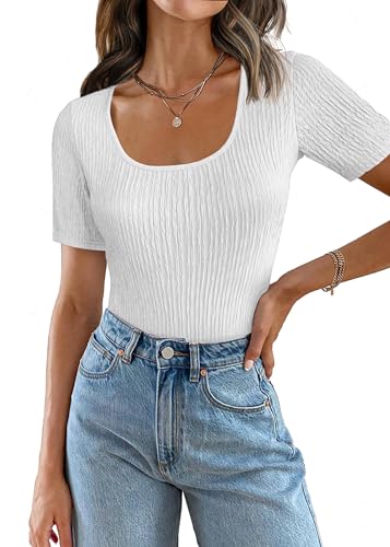 Weardear Bluse Damen Crop Top Slim Fit Wickel Kurz Shirt T-Shirt Feinstrick BustierOberteil Einfarbig Elegant Kurzarm Soft Casual Kurzarmshirt Tunika Shirt Frauen Dünne Kurze Ärmel Weiß XL von Weardear