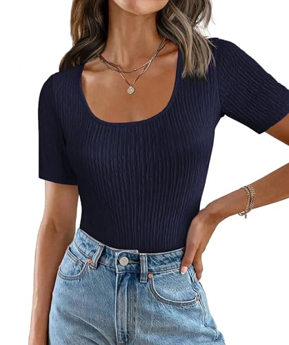 Weardear Bluse Damen Shirt Crop Top Slim Fit Wickel T-Shirt Feinstrick Oberteil Einfarbig Elegant Kurzarm Soft Casual Kurzarmshirt Tunika Shirt Frauen Dünne Kurze Ärmel Dunkelblau L von Weardear