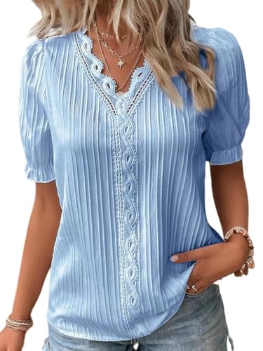 Weardear Bluse Damen Sommer Elegant Tunika V-Ausschnitt Spitzen Oberteile Kurzarm Damenblusen Hell Blau L von Weardear