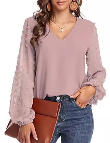 Weardear Bluse Damen V Ausschnitt Elegant Oberteile Casual Swiss Dot Tops Lose Langarm Laternenärmel Tshirts Rosa L von Weardear