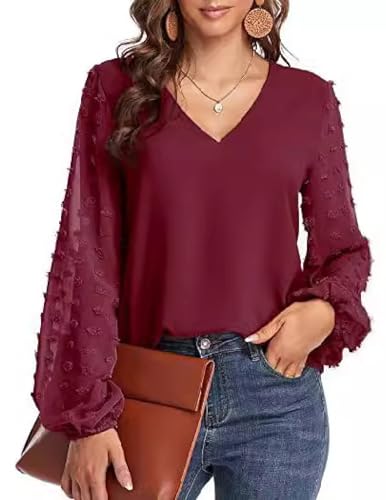 Weardear Bluse Damen V Ausschnitt Elegant Oberteile Casual Swiss Dot Tops Lose Langarm Laternenärmel Tshirts Weinrot XL von Weardear