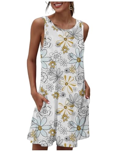Weardear Boho Kleid Damen Knielang Ärmellos Sommerkleid A-Linie Rundhals Freizeitkleid Lose Bohemian Strandkleid mit Taschen von Weardear