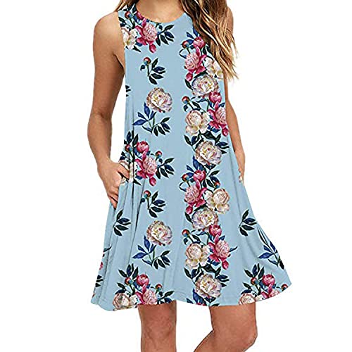 Weardear Damen Freizeitkleid Ärmellos Sommerkleider A-Linie Rundhals Strandkleid Kurz Blumen Kleid mit Taschen Casual Tank Kleid von Weardear