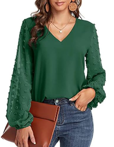 Weardear Damen Hemd Elegant V Ausschnitt Blusen Swiss Dot Longshirt Laternenärmel Drapieren Oberteile Einfarbig Tops Grün M von Weardear