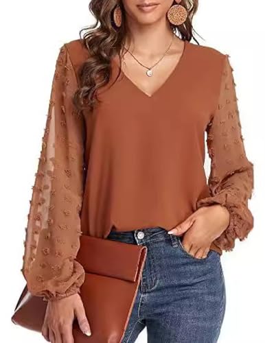 Weardear Damen Hemd Elegant V Ausschnitt Blusen Swiss Dot Longshirt Laternenärmel Drapieren Oberteile Einfarbig Tops Orange XL von Weardear