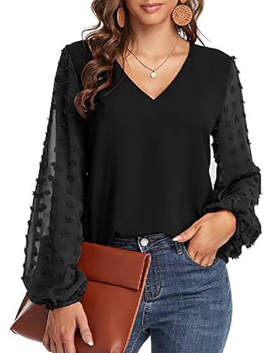 Weardear Damen Hemd Elegant V Ausschnitt Blusen Swiss Dot Longshirt Laternenärmel Drapieren Oberteile Einfarbig Tops Schwarz XXL von Weardear