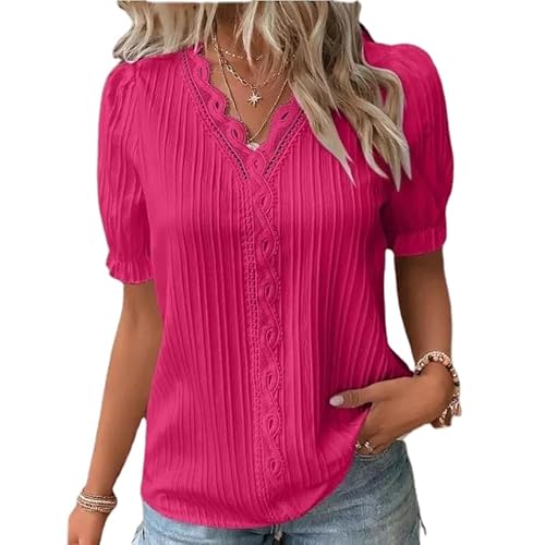 Weardear Damen Kurzarm Bluse Mit Spitze Oberteile V-Ausschnitt Oberteile Sommer Hohl Damenshirt Rosa XXL von Weardear