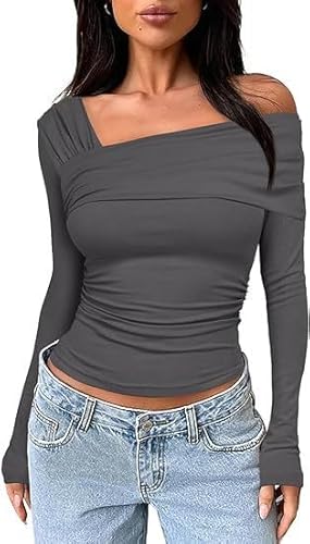 Weardear Damen Langarmshirt Elegant Stretch Pullover Slim Fit One Off Shoulder Oberteil Elegant Schulterfrei Tshirts Stretch Tunika für Frühling und Herbst Grau XL von Weardear