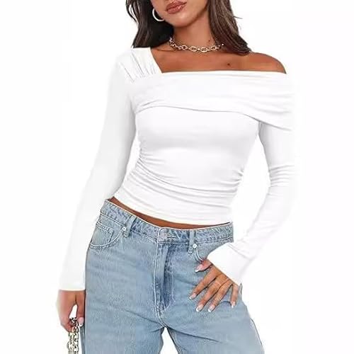 Weardear Damen Langarmshirt Lange Ärmel Blusenshirt Elegant Stretch Pullover Slim Fit One Off Shoulder Oberteil Stretch Y2K Tunika Fashion Casual Shirts Weiß L von Weardear