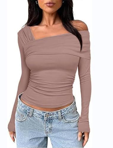 Weardear Damen Langarmshirt One Off Shoulder Langarmblusen Elegant Pullover Slim Fit One Off Shoulder Oberteil Stretch Tunika Champagne XL von Weardear