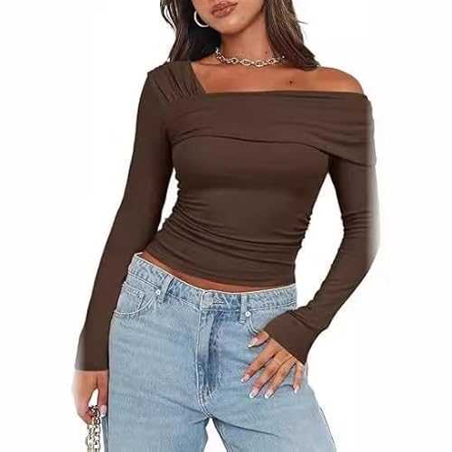 Weardear Damen Langarmshirt Schulterfrei Tops Einfarbig Tshirt Elegant Langarm Bluse Slim Fit One Off Shoulder Oberteil Tunika Shirts Braun M von Weardear