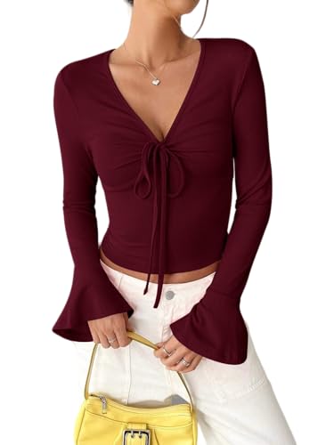 Weardear Damen Langarmshirt V-Ausschnitt Elegant Oberteile Ausgestellte Ärmel Schlankes Elastisches Basic Tops Top mit Kordelzug Rotwein XL von Weardear