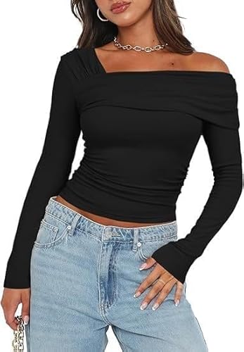 Weardear Damen Langram Blusenshirt Schulterfrei Tops Einfarbig Slim Tshirt Elegant Langarm Bluse Slim Fit One Off Shoulder Oberteil Tunika Shirts Schwarz XL von Weardear