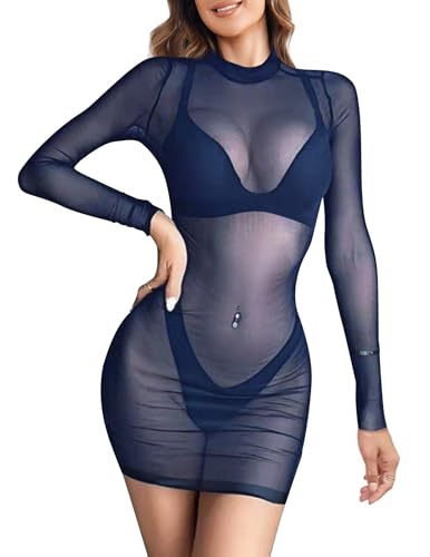 Weardear Damen Mesh Dessous Strandkleid Spitze Strandtunika Sommer Badeanzug Strandtunik Sommerkleider Bikini Cover,Navy blau,L von Weardear