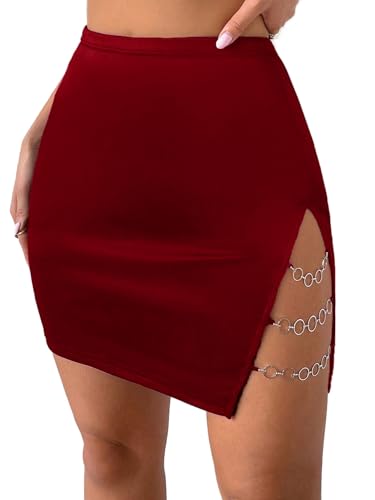 Weardear Damen Lässiger Bleistiftrock Sommer Kurzer Mini Rock Solid Basic Elegante Röcke Business-Stil Schlanker Hohe Taille Elastisch Seitenschlitz Weinrot L von Weardear