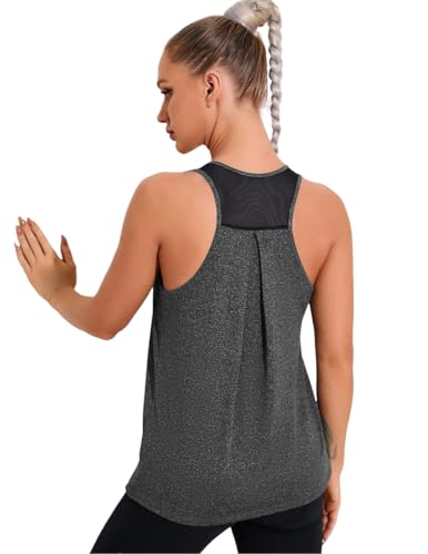 Weardear Damen Sport Tank Tops Ärmelloses Workout Crop Top Mesh Zurück Fitness Laufen Yoga Shirt Dunkelgrau XL von Weardear