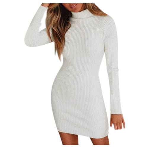 Weardear Damen Strickkleid Elegant Slim Fit Kleider Rollkragenkleid Herbst Winter Pulloverkleid Einfarbig Gestrickt Sweater Dress Weiß XL von Weardear