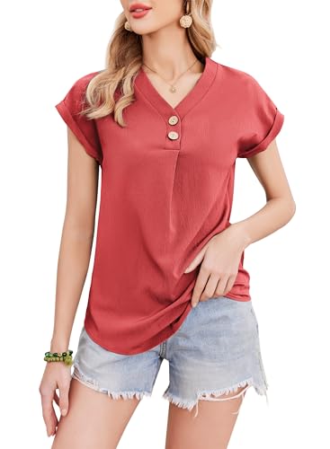 Weardear Damen T-Shirt Kurzarm V-Ausschnitt Flügelärmeln Oberteile Blusen Sommer Casual Lose Shirt Basic Tops Rot XL von Weardear