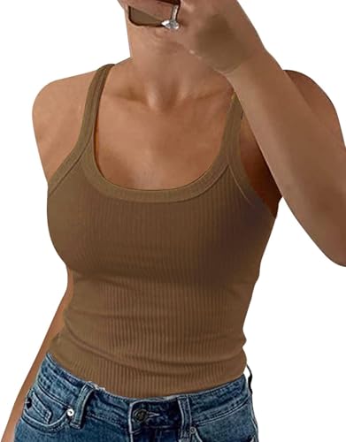 Weardear Damen Tanktop Schlanke Passform Unterhemd Gerippte Tank Top Basic Cami Tanktop Sexy Vest Top Bluse, Braun, XXL von Weardear