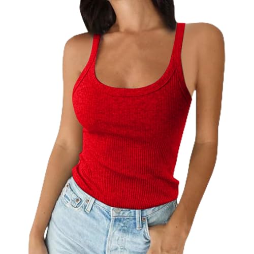 Weardear Damen Tanktop Schlanke Passform Unterhemd Gerippte Tank Top Basic Cami Tanktop Sexy Vest Top Bluse, Rot, L von Weardear