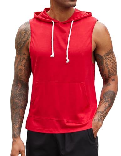 Weardear Herren Kompressionsshirt Sports Tank Top Ärmelloses Funktionsshirt Laufshirt Fitness Gym Training Unterhemd mit Kapuze Rot L von Weardear