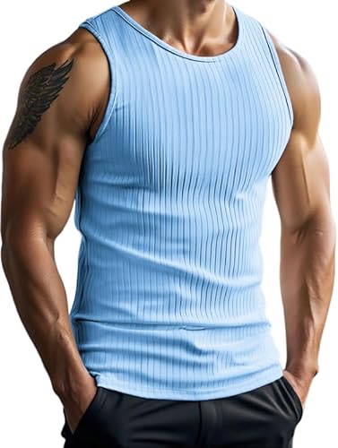 Weardear Herren Workout Tank Tops Gerippte Unterhemd Sleeveless Laufshirt Running Muskelshirt Schnelltrocknendes Bodybuilding Achselshirt für Männer Sommer Hellblau XL von Weardear