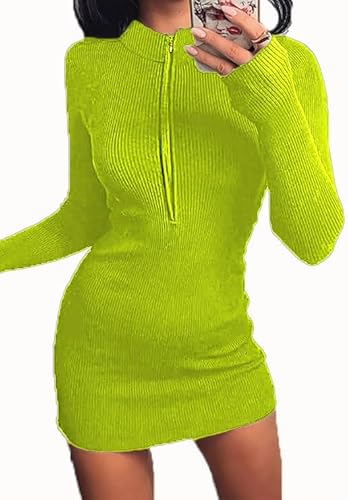 Weardear Kleid Damen Langarm Bodycon Pulloverkleid Elegant V-Ausschnitt Winterkleid Casual Einfarbig Eng MiniKleid Weich Warm Longpullover Leuchtend grün XL von Weardear