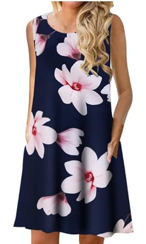 Weardear Kleider Damen mit Rundhals A-Linie Sommerkleid Ärmellos Kurz Freizeitkleid Blumendruck Kleid mit Taschen Lässig Strandkleid von Weardear