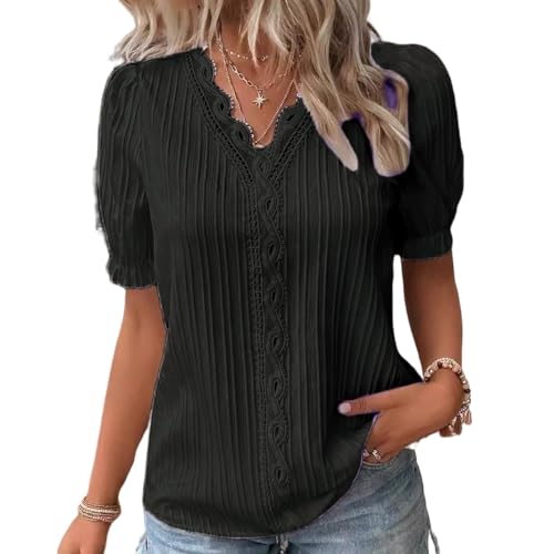 Weardear Kurzarm Bluse Damen Spitzen Oberteile V-Ausschnitt Hohl Tunika Elegant Blusenshirt Schwarz M von Weardear