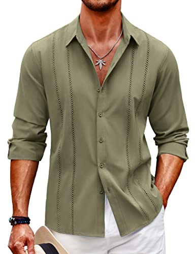 Weardear Leinenhemd Herren Langarm Regular Fit Sommerhemd Button Down Strand Casual Shirt Armeegrün XXL von Weardear