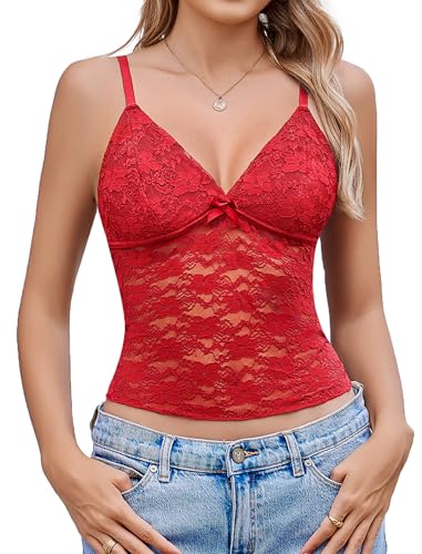 Weardear Sexy Damen Tank Tops Spitze Bauchfrei Camisole Top Sommer Crop Spitzentop V-Ausschnitt Basic Bralettes Untertops Spaghettiträger Ärmellos Oberteile Shirts Rot M von Weardear