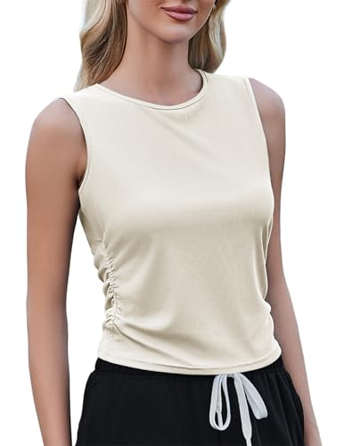 Weardear Sport Tank Tops Damen Yoga Shirt Ärmelloses Crop Top Leichte Lässig Funktions Shirt Gym Tanktop Fitness Oberteile mit Seitfalten Beige M von Weardear