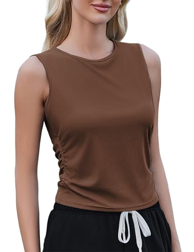 Weardear Sport Tank Tops Damen Yoga Shirt Ärmelloses Crop Top Leichte Lässig Funktions Shirt Gym Tanktop Fitness Oberteile mit Seitfalten Braun XXL von Weardear