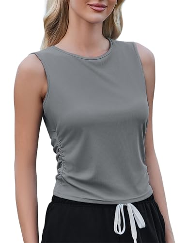 Weardear Sport Tank Tops Damen Yoga Shirt Ärmelloses Crop Top Leichte Lässig Funktions Shirt Gym Tanktop Fitness Oberteile mit Seitfalten Dukelgrau XXL von Weardear