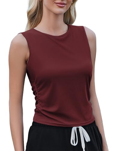 Weardear Sport Tank Tops Damen Yoga Shirt Ärmelloses Crop Top Leichte Lässig Funktions Shirt Gym Tanktop Fitness Oberteile mit Seitfalten Tiefrot S von Weardear