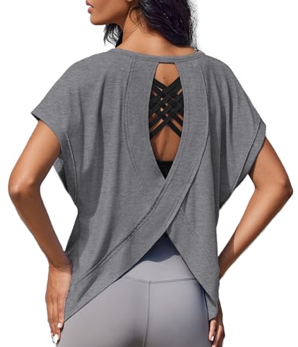 Weardear Sportshirt Damen Kurzarm Funktionsshirt Rückenfreies Laufshirt Loose Fit Sport Tshirt Atmungsaktiv Kurzarmshirt Gym Yoga Workout Fitness Oberteil Lang Sommer Grau XXL von Weardear