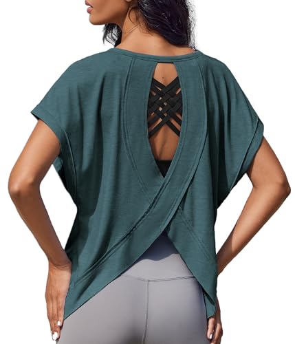 Weardear Sportshirt Damen Kurzarm Funktionsshirt Rückenfreies Laufshirt Loose Fit Sport Tshirt Atmungsaktiv Kurzarmshirt Gym Yoga Workout Fitness Oberteil Lang Sommer Grün L von Weardear