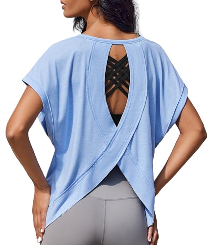 Weardear Sportshirt Damen Kurzarm Funktionsshirt Rückenfreies Laufshirt Loose Fit Sport Tshirt Atmungsaktiv Kurzarmshirt Gym Yoga Workout Fitness Oberteil Lang Sommer Hellblau M von Weardear
