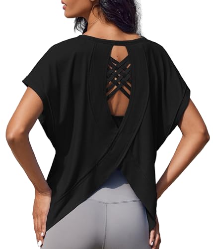 Weardear Sportshirt Damen Kurzarm Funktionsshirt Rückenfreies Laufshirt Loose Fit Sport Tshirt Atmungsaktiv Kurzarmshirt Gym Yoga Workout Fitness Oberteil Lang Sommer Schwarz S von Weardear