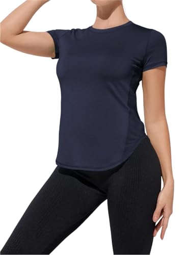 Weardear Sportshirt Damen Kurzarm Leichtes Atmungsaktiv Funktions Mesh Seiten Sport Oberteile Damen Rundhals Navy Blau XL von Weardear